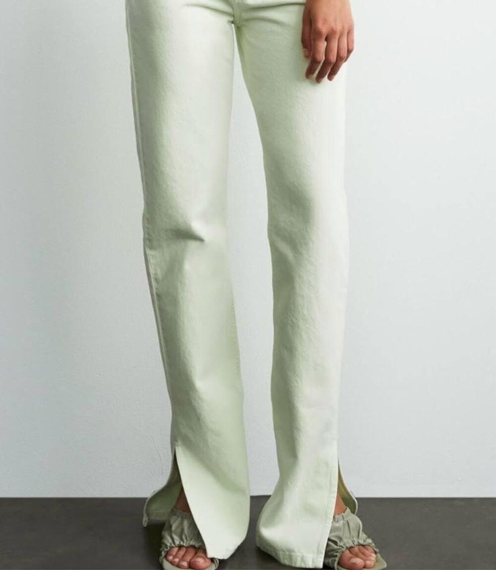Zara Yellow Jeans Cotton Fringe Ankle Side Slit Mid-Rise Straight Leg Size 34